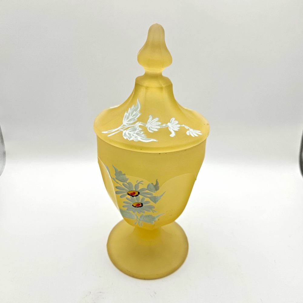 Vtg 1970's Westmoreland Yellow Mist Satin Glass Footed & Lidded Jar Daisy Design